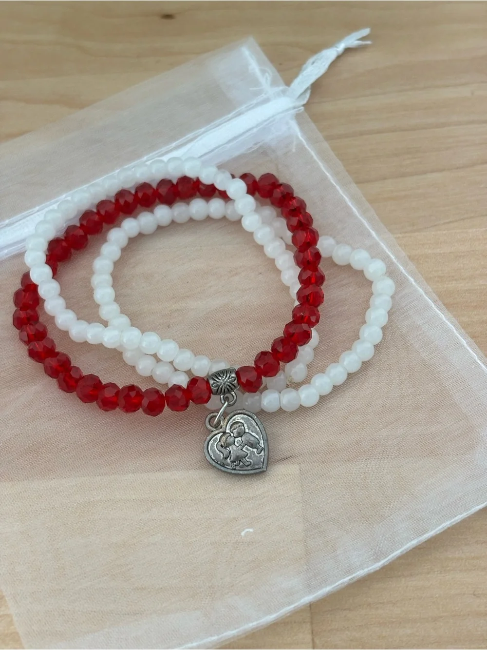 Unknown Unknown | Jewelry | Red White Beaded Heart Charm Bracelet Set | Poshmark